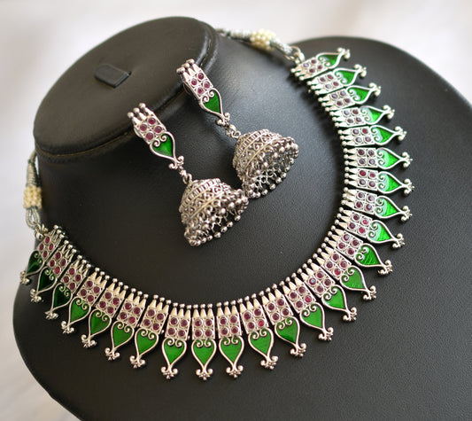 Silver tone pink-green palakka Kerala style necklace set dj-40642