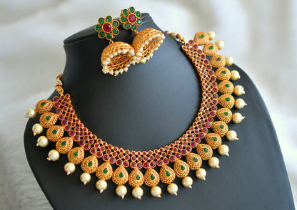 Matte finish ruby-emerald pearl necklace set dj-18847