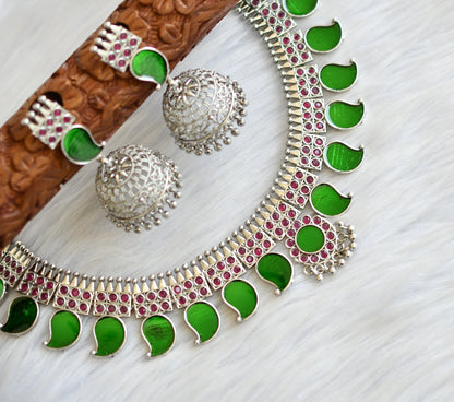 Silver tone pink-green mango Kerala style necklace set dj-40644