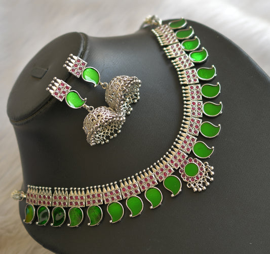 Silver tone pink-green mango Kerala style necklace set dj-40644