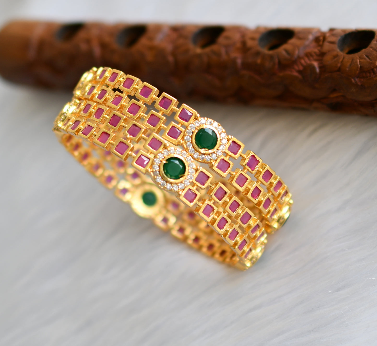 Gold tone block ruby-emerald-white bangles(2.4) dj-39851