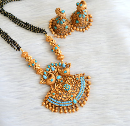 Matte finish skyblue peacock long mangalsutra set dj-18839