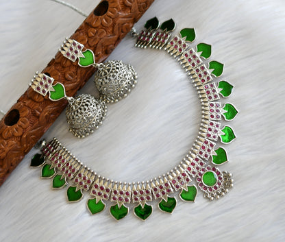 Silver tone pink-green palakka Kerala style necklace set dj-40646