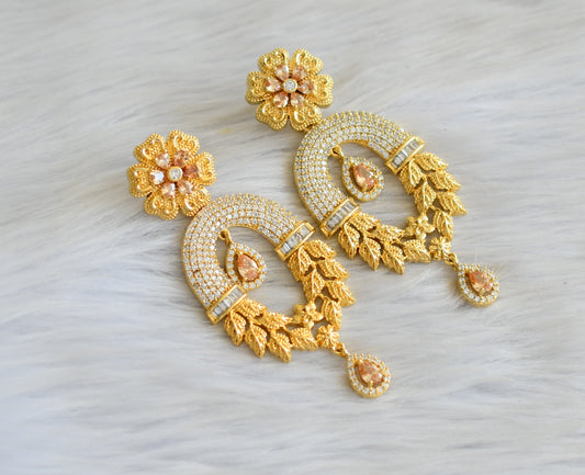 Two tone cz gold stone flower long earrings dj-18861