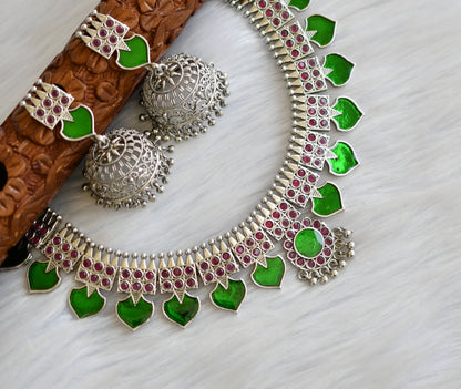 Silver tone pink-green palakka Kerala style necklace set dj-40646