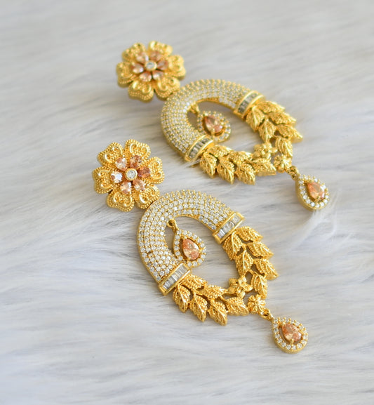 Two tone cz gold stone flower long earrings dj-18861