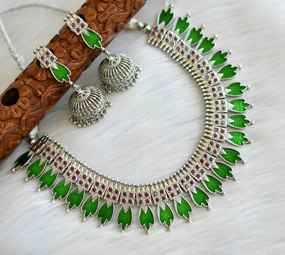 Silver tone pink-green Kerala style necklace set dj-40648
