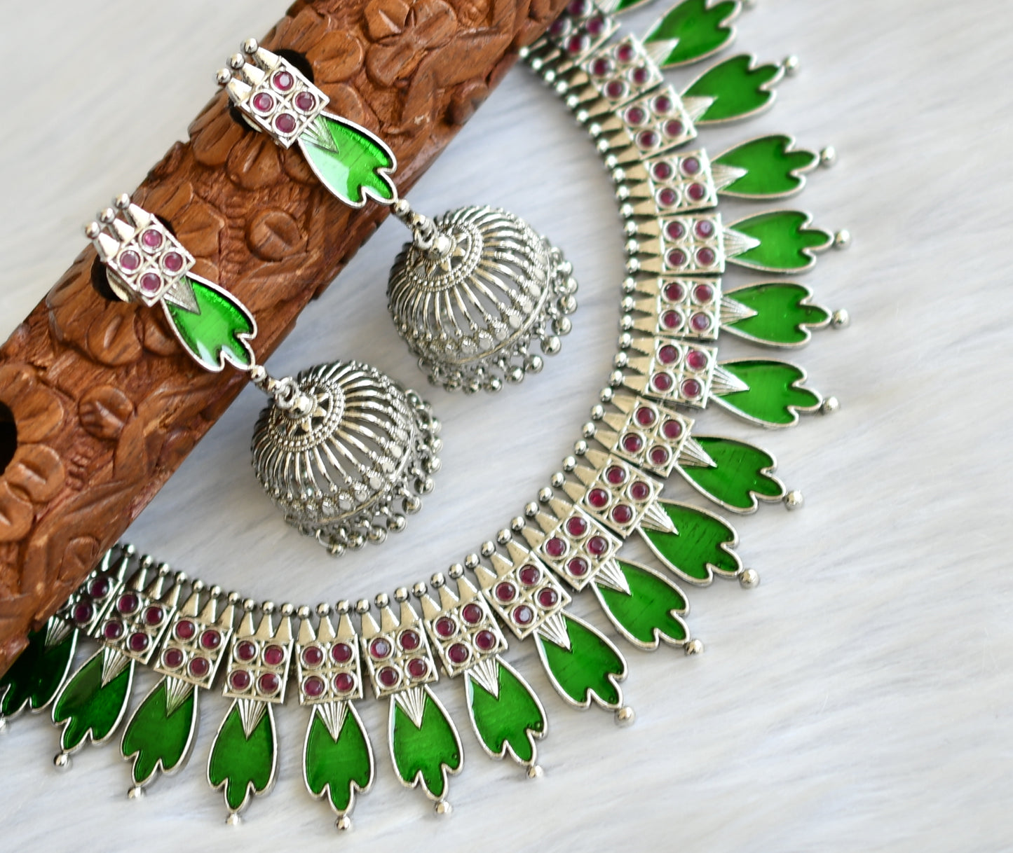 Silver tone pink-green Kerala style necklace set dj-40648