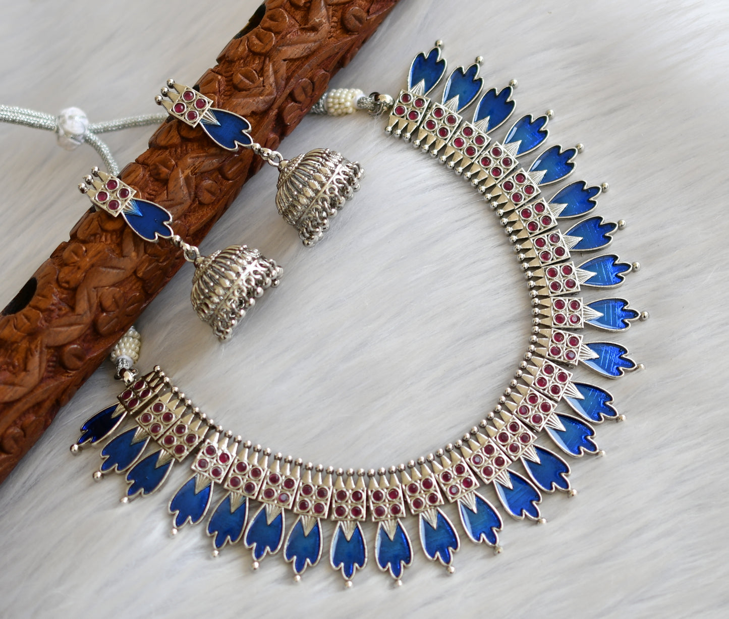 Silver tone pink-blue Kerala style necklace set dj-40649