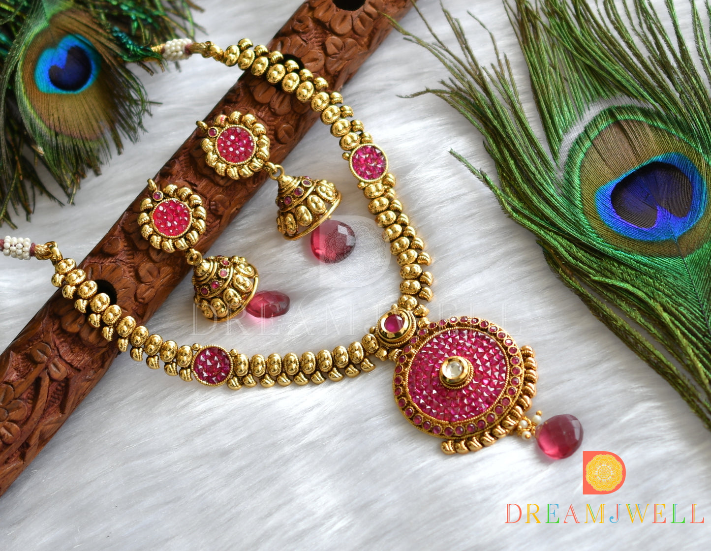 Antique transparent pink stone necklace set dj-01305