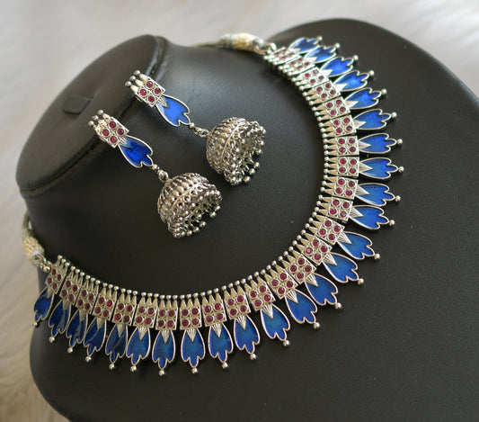 Silver tone pink-blue Kerala style necklace set dj-40649