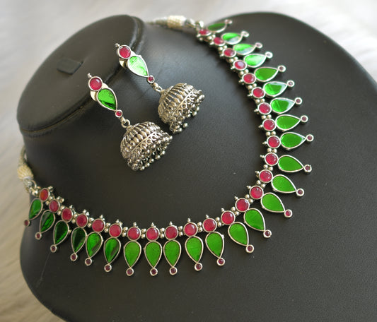 Silver tone red-green gopi Kerala style necklace set dj-40650