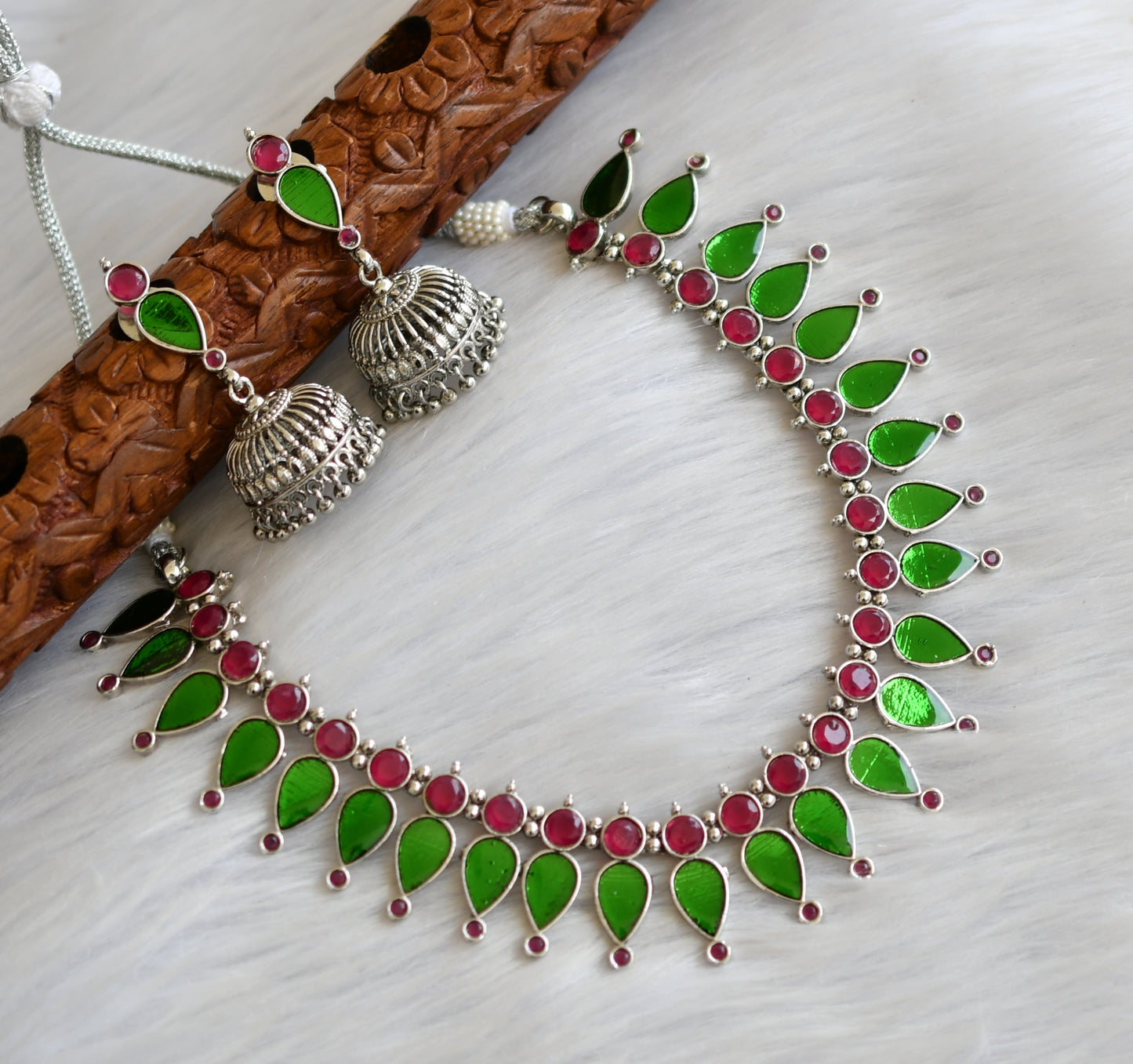 Silver tone red-green gopi Kerala style necklace set dj-40650