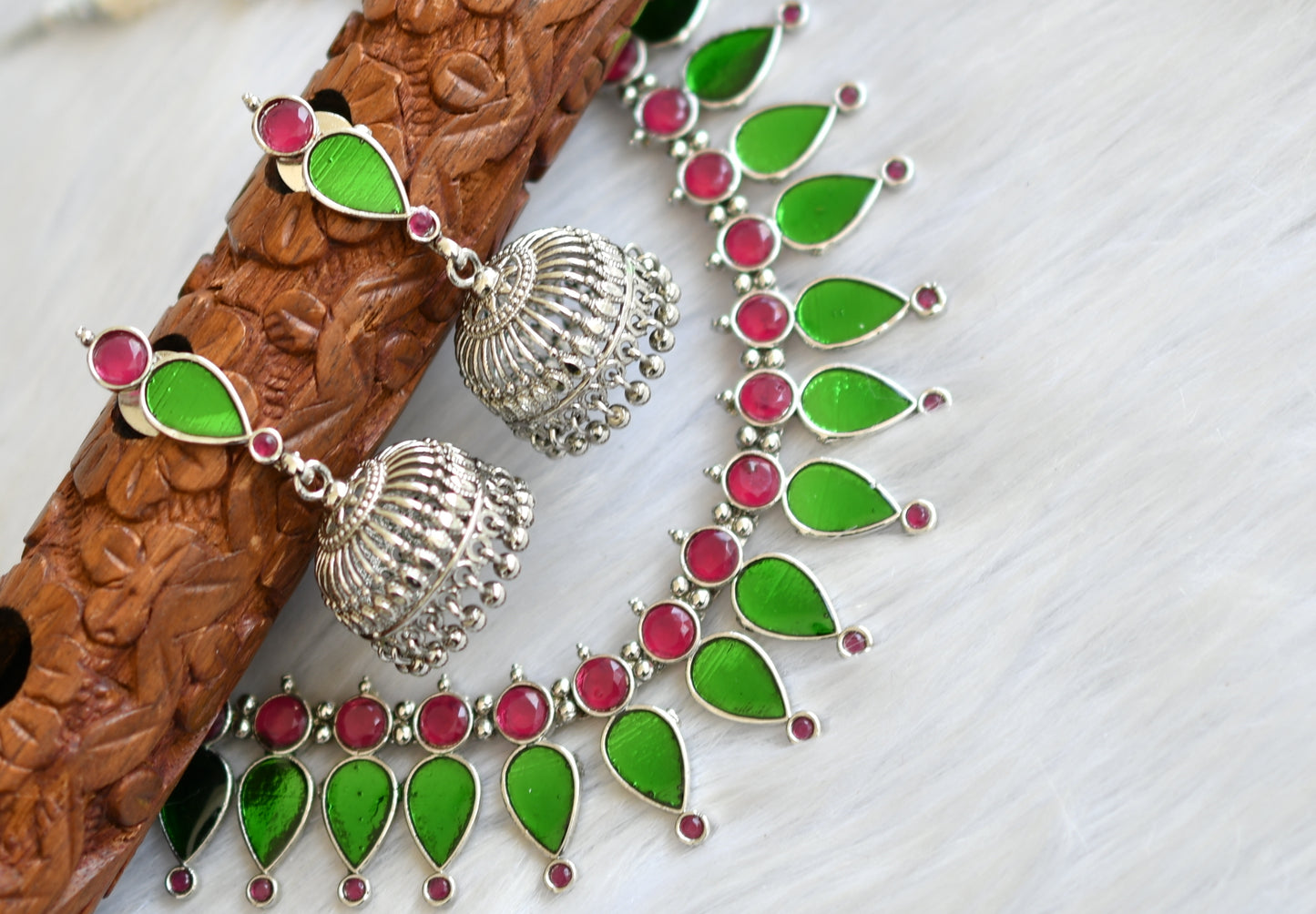 Silver tone red-green gopi Kerala style necklace set dj-40650