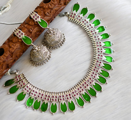 Silver tone pink-green nagapadam Kerala style necklace set dj-40651