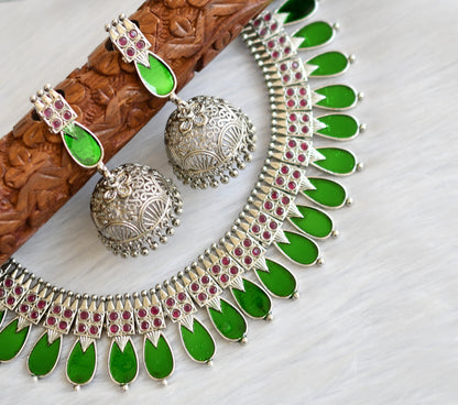 Silver tone pink-green nagapadam Kerala style necklace set dj-40651