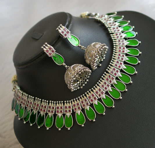 Silver tone pink-green nagapadam Kerala style necklace set dj-40651