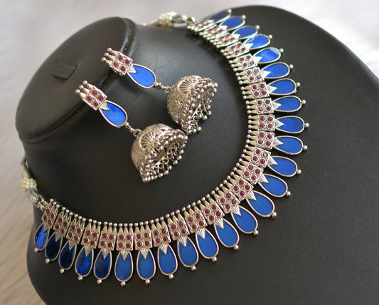 Silver tone pink-blue nagapadam Kerala style necklace set dj-40652