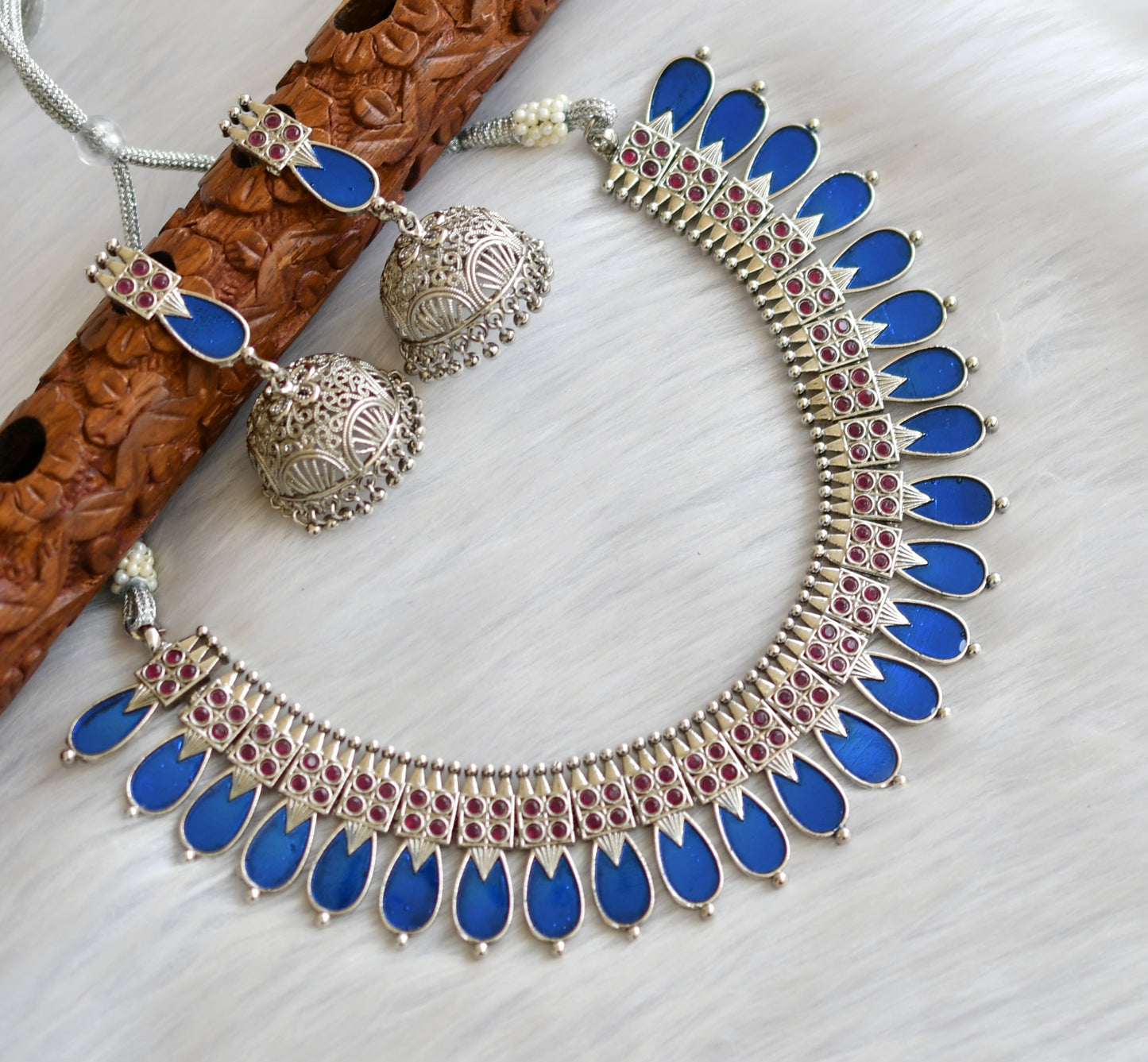 Silver tone pink-blue nagapadam Kerala style necklace set dj-40652