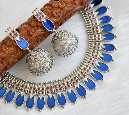 Silver tone pink-blue nagapadam Kerala style necklace set dj-40652