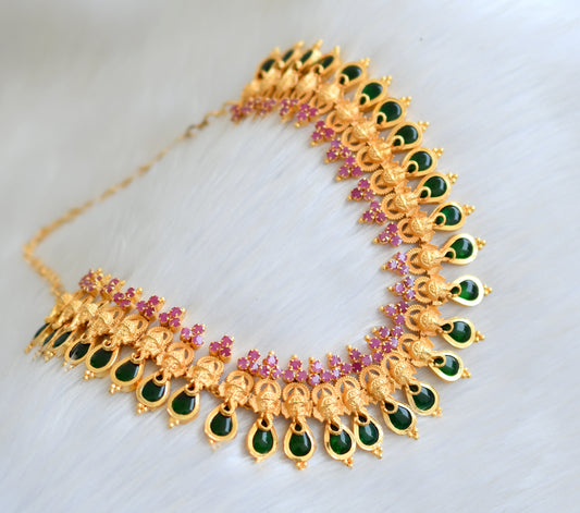 Gold tone Kerala design pink green ganesha necklace set dj-34579