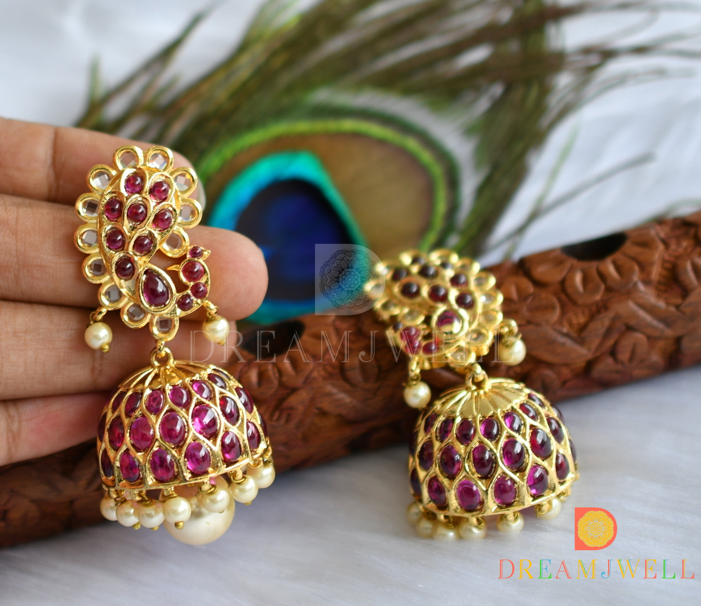 Gold tone real kemp peacock jhumkka dj-07565