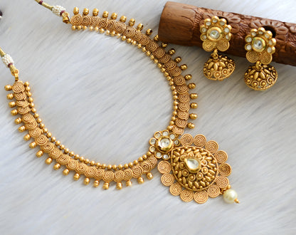 Antique gold tone kundan pearl necklace set dj-03516