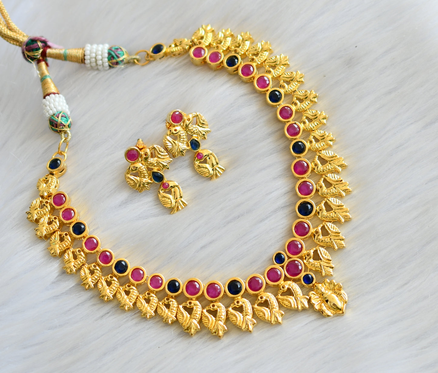 Gold tone ruby-blue peacock necklace set dj-03503