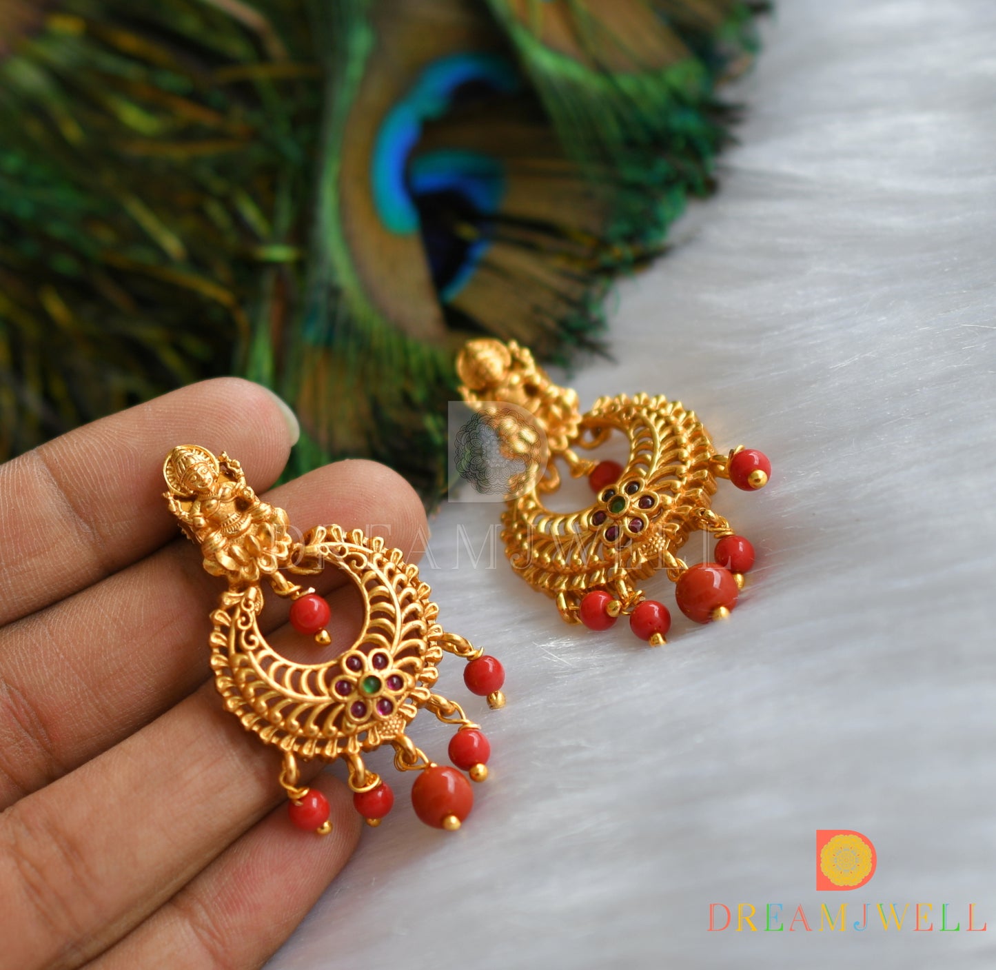 Matte finish Kemp-green coral beads Lakshmi bali earrings dj-37579