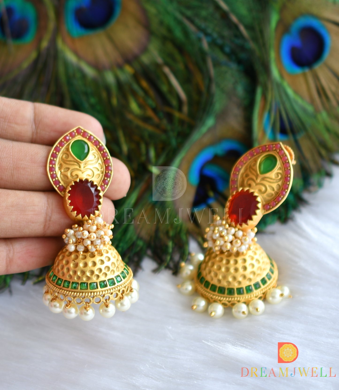 Matte finish maroon-green pearl cluster jhumkka dj-37596