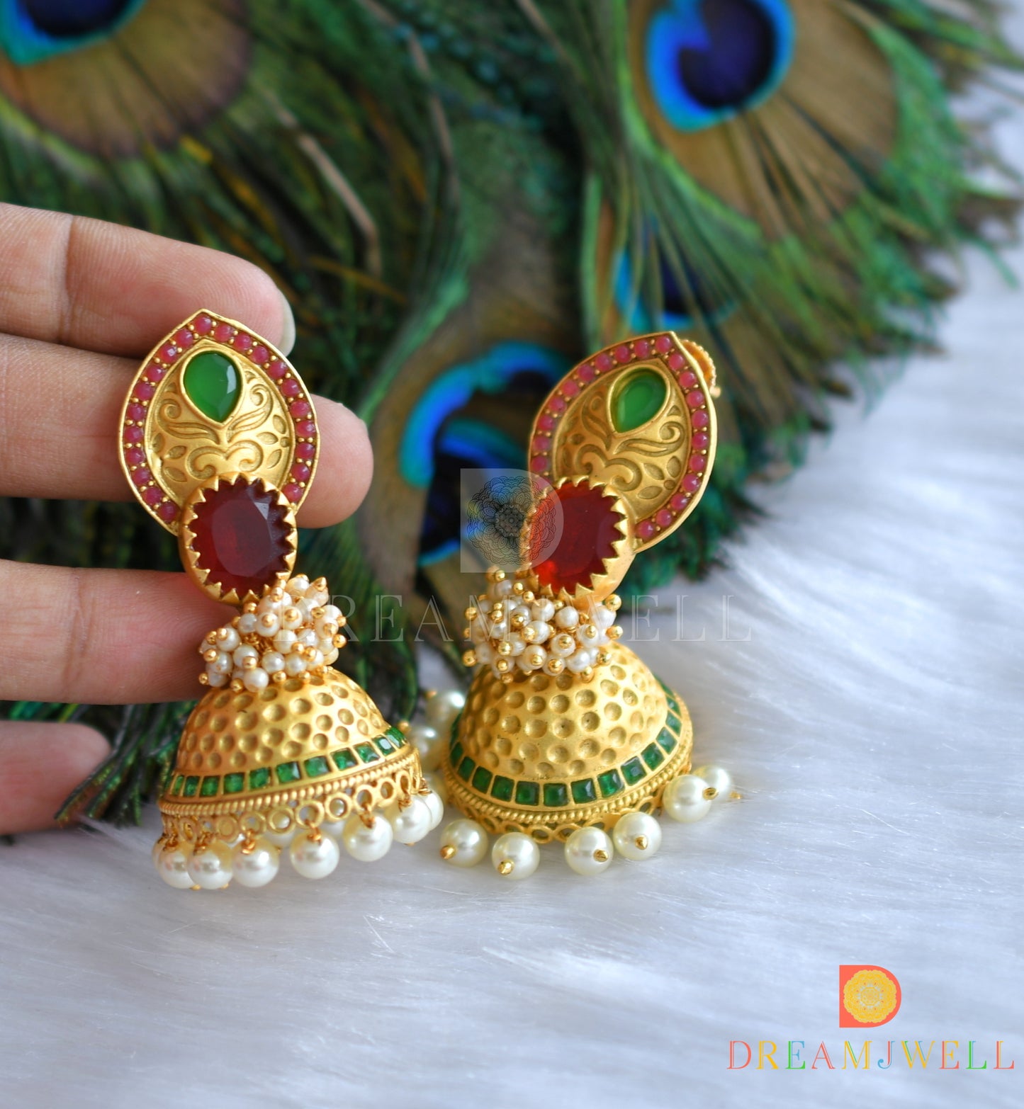 Matte finish maroon-green pearl cluster jhumkka dj-37596