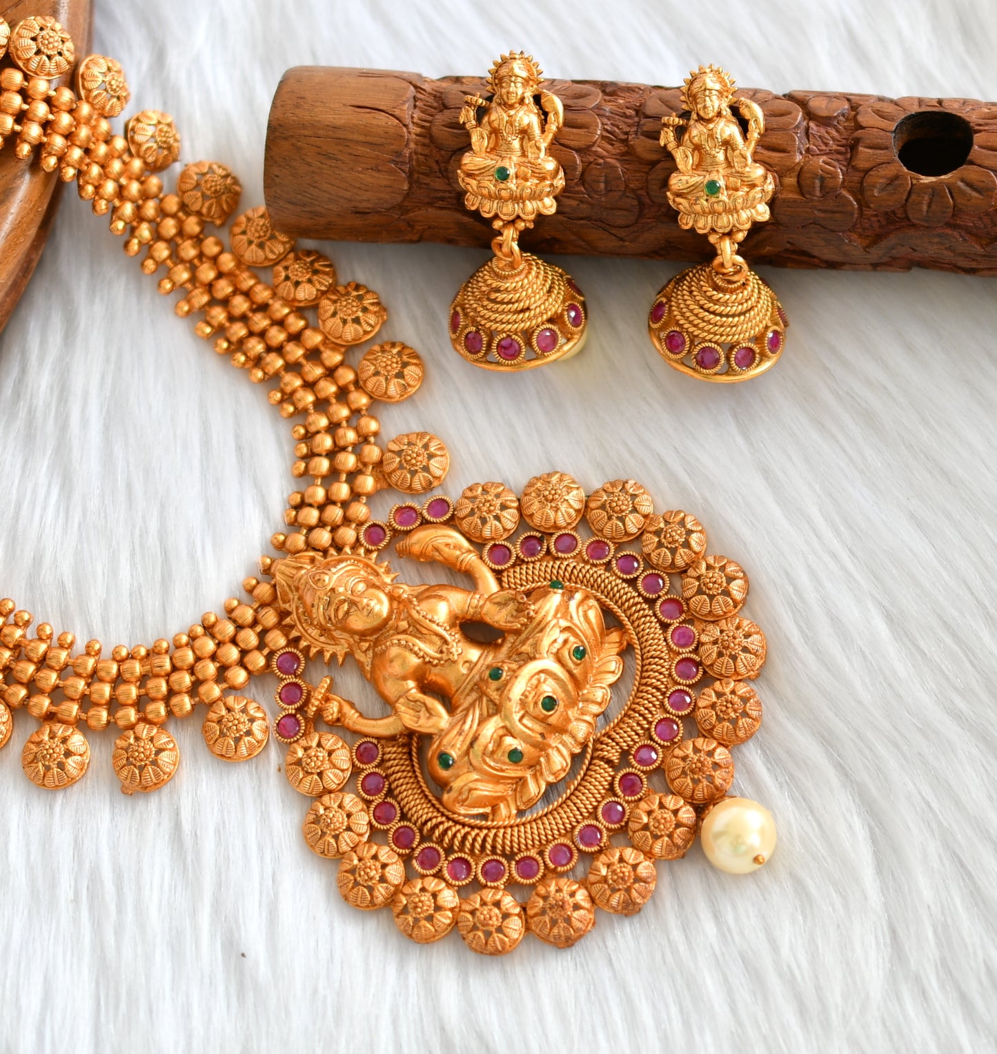 Matte finish ruby-emerald mango Lakshmi necklace set dj-11025