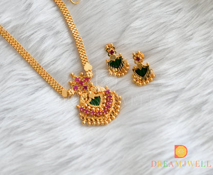 Gold tone pink-green palakka Kerala style necklace set dj-38098