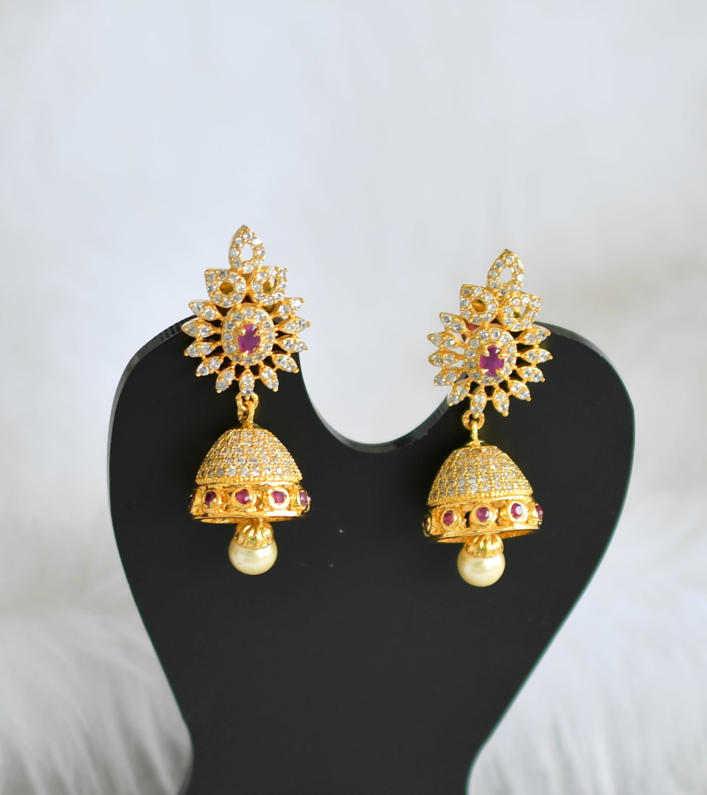 Gold tone cz Ruby-white jhumkka dj-20752