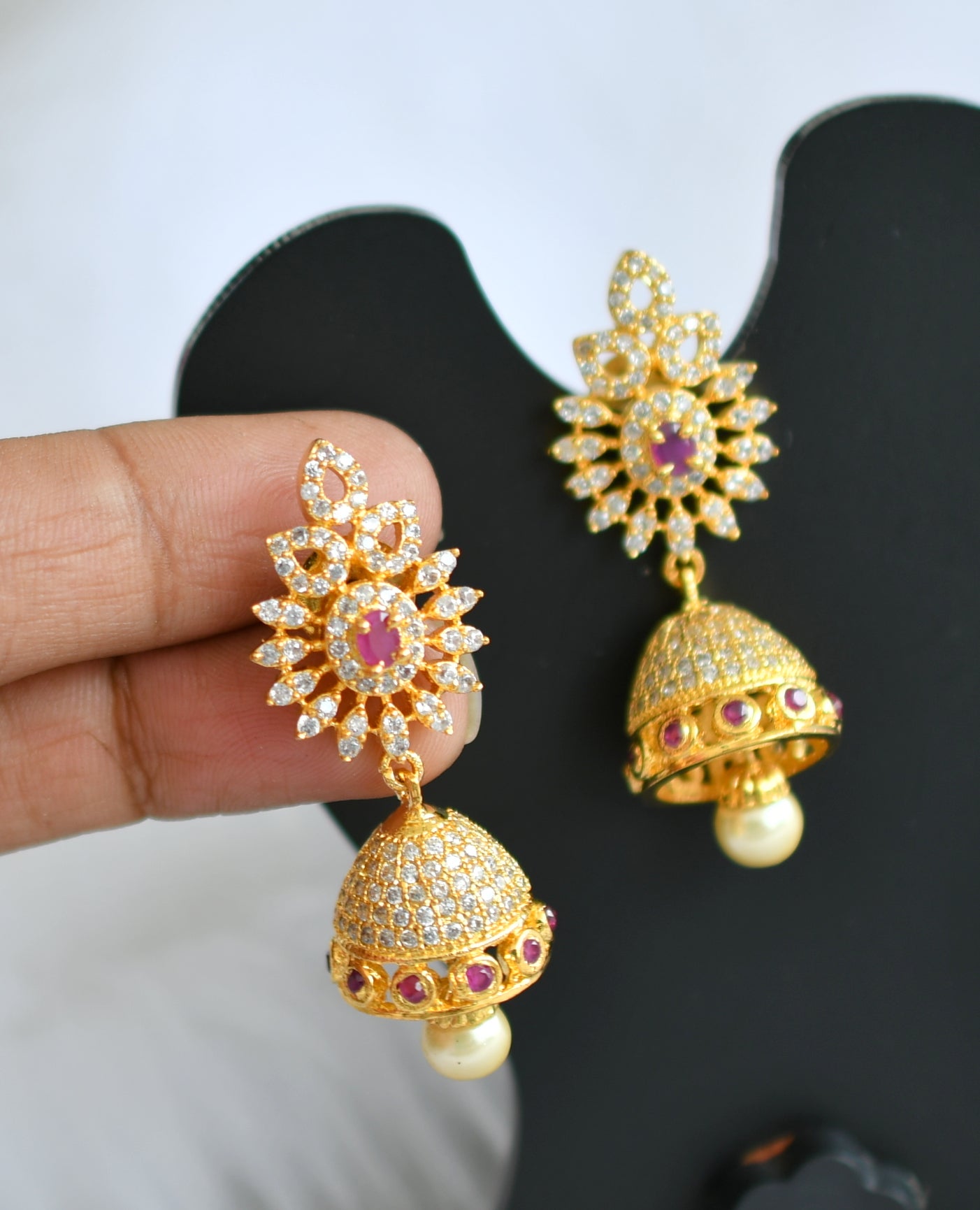 Gold tone cz Ruby-white jhumkka dj-20752