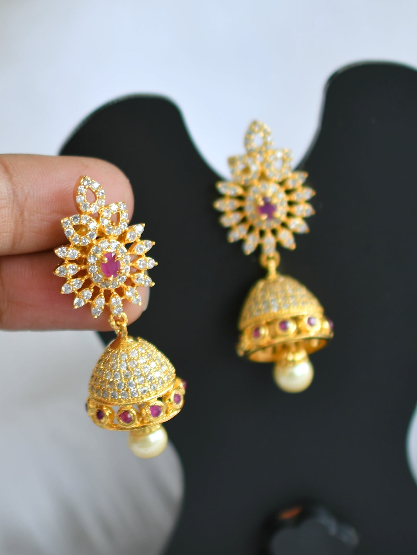 Gold tone cz Ruby-white jhumkka dj-20752