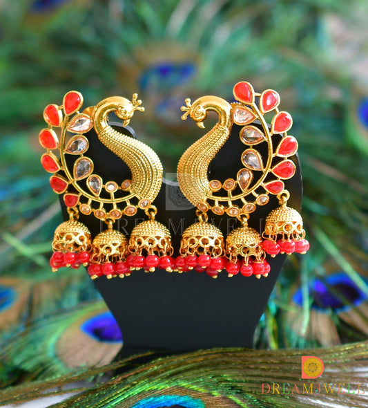 Antique red peacock jhumkka dj-15495
