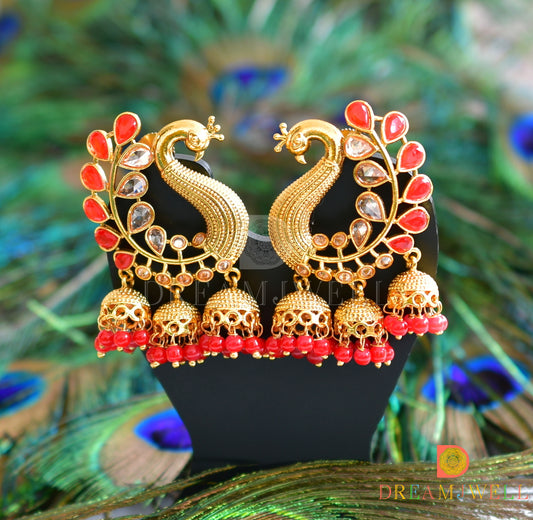 Antique red peacock jhumkka dj-15495
