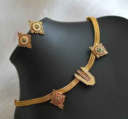 Matte finish ruby-green-white stone shanku-chakra-nama necklace set dj-41978