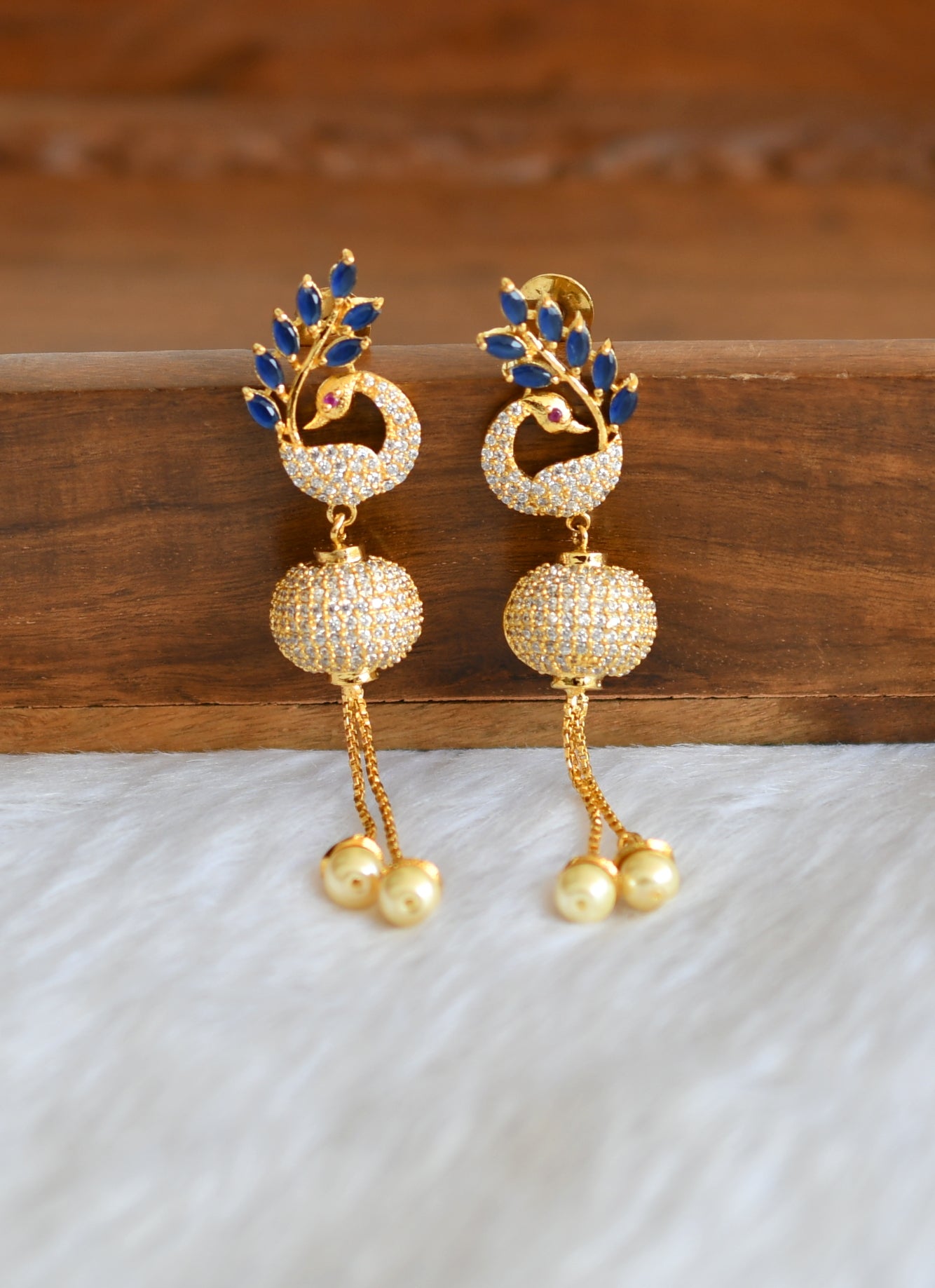 Gold tone cz white-blue peacock ball earrings dj-20734