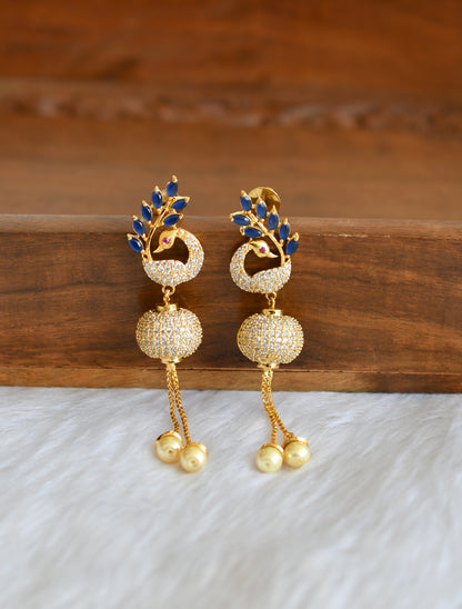 Gold tone cz white-blue peacock ball earrings dj-20734