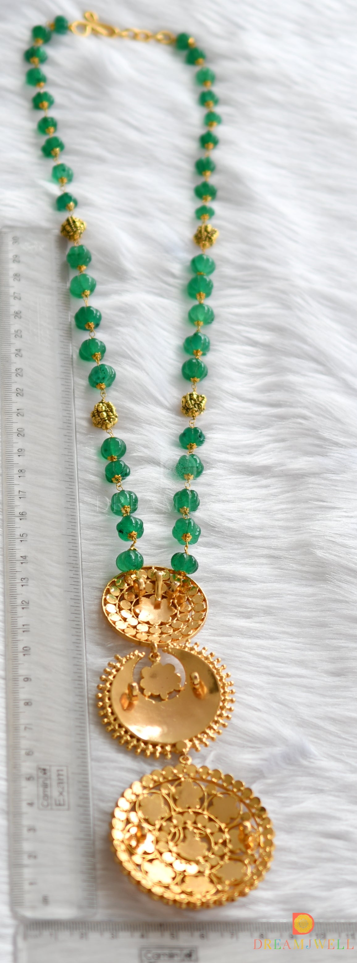 Gold look alike real kemp-green sun-moon pendant with pumpkin bead mala dj-37591