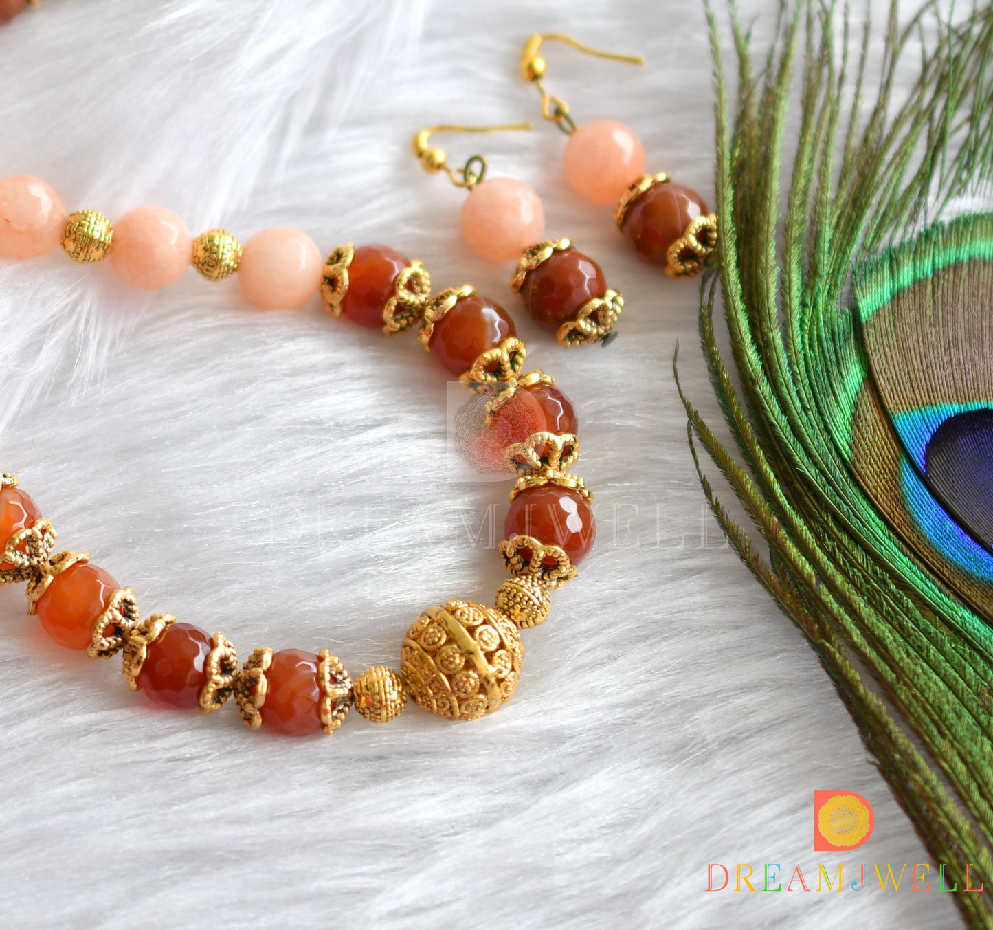 Antique handmade brown-peach Beads necklace set-dj-09932