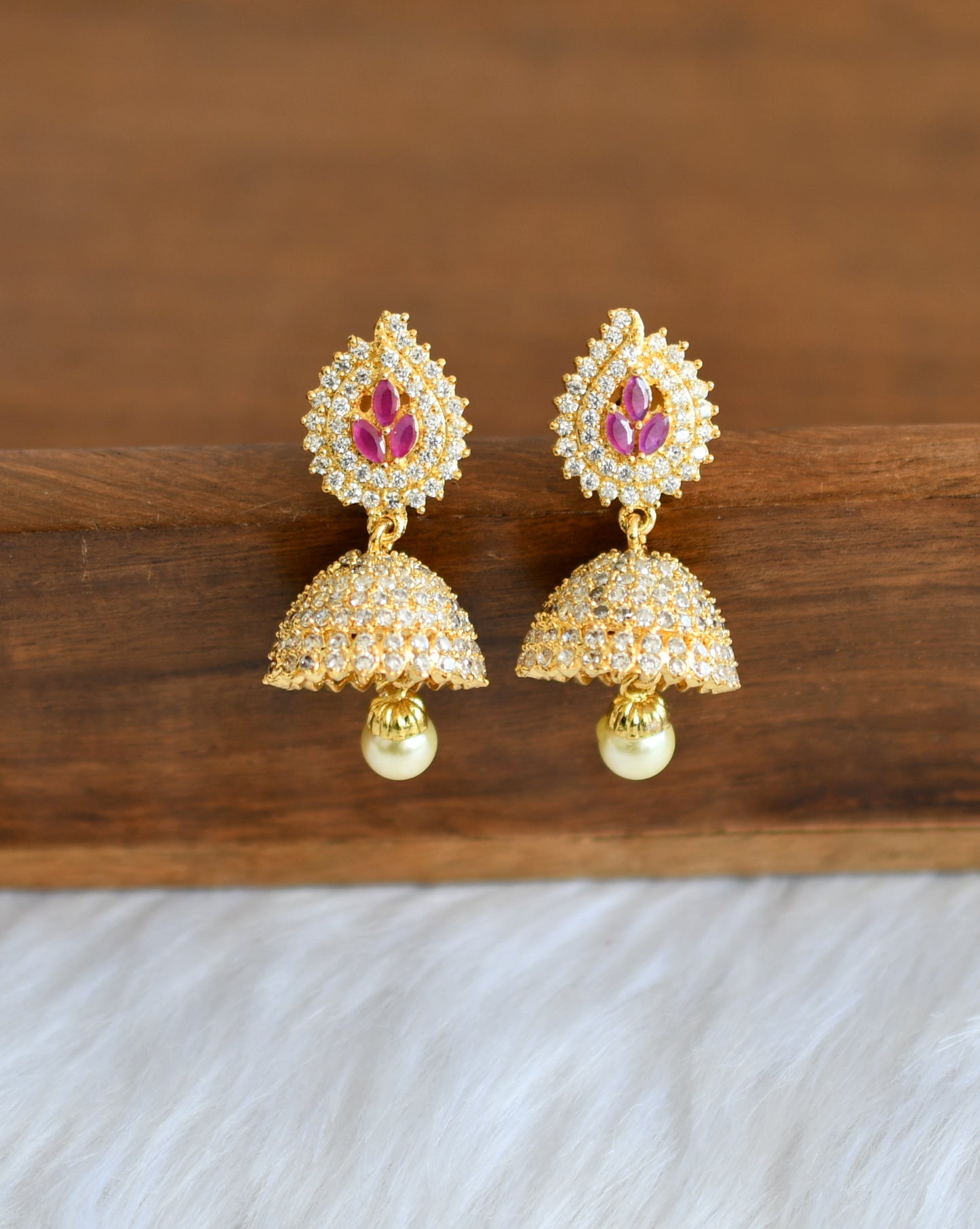 Gold tone cz ruby-white pearl jhumkka dj-20750