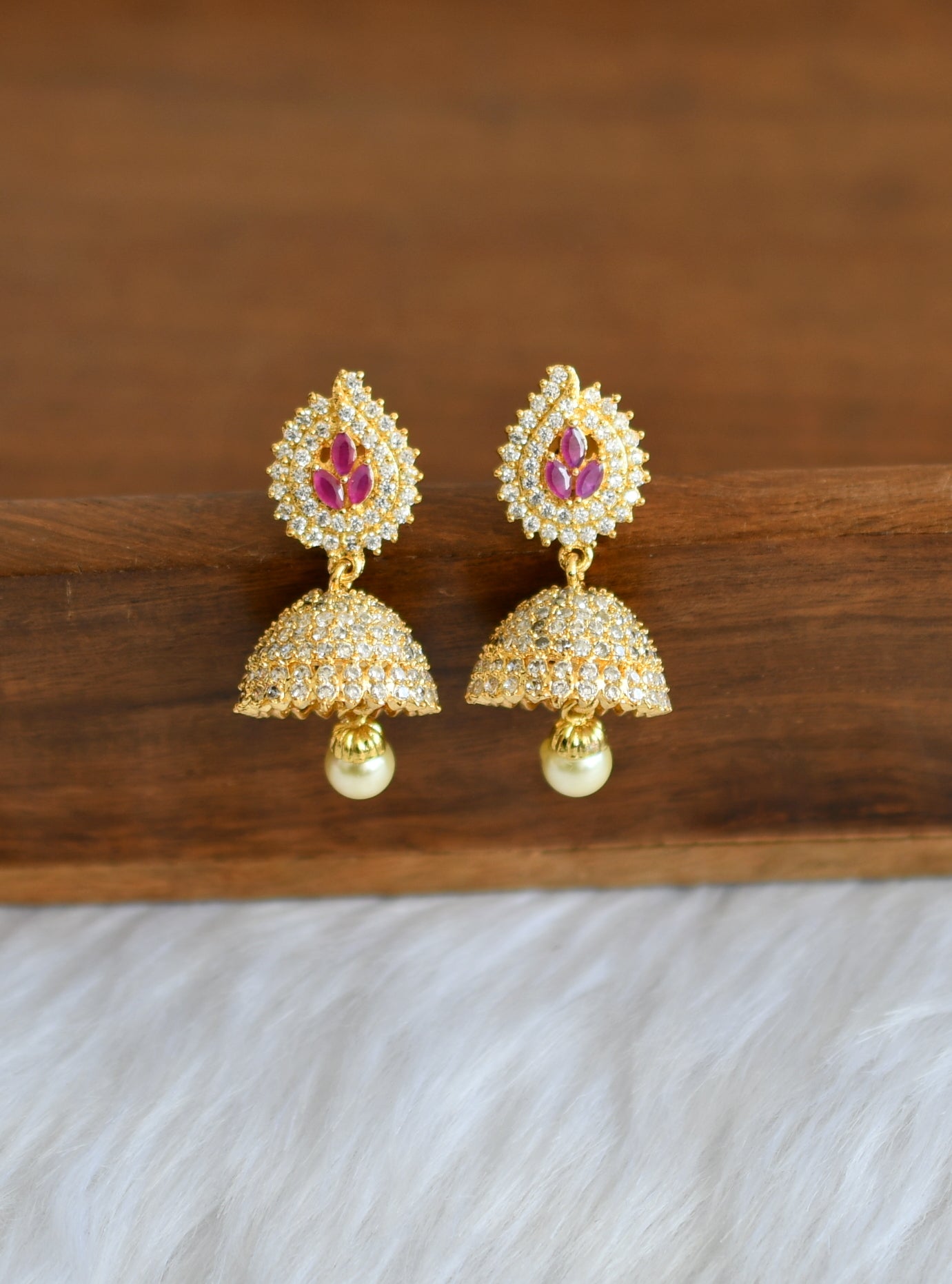 Gold tone cz ruby-white pearl jhumkka dj-20750