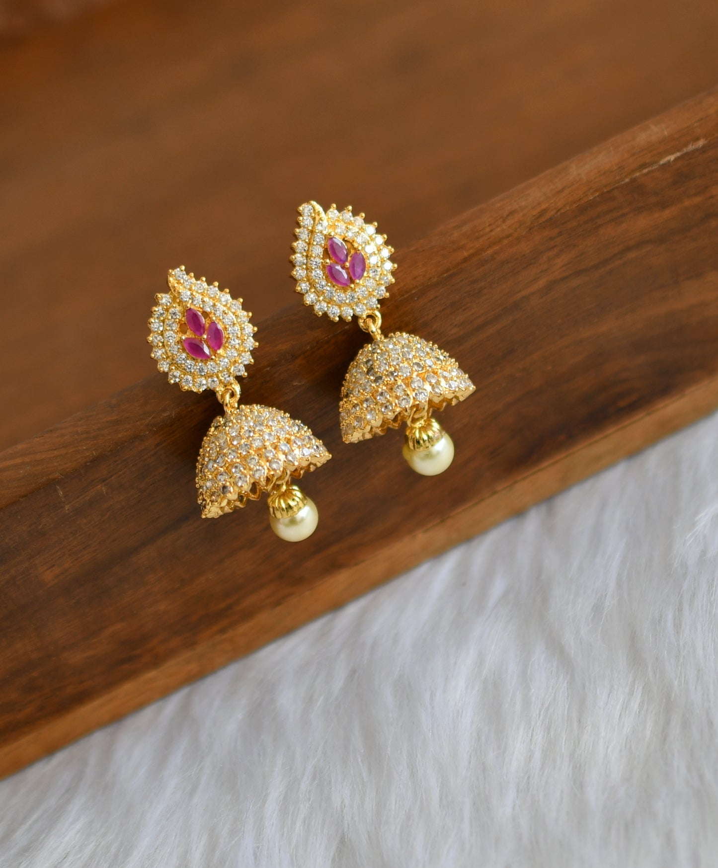 Gold tone cz ruby-white pearl jhumkka dj-20750