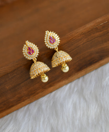 Gold tone cz ruby-white pearl jhumkka dj-20750