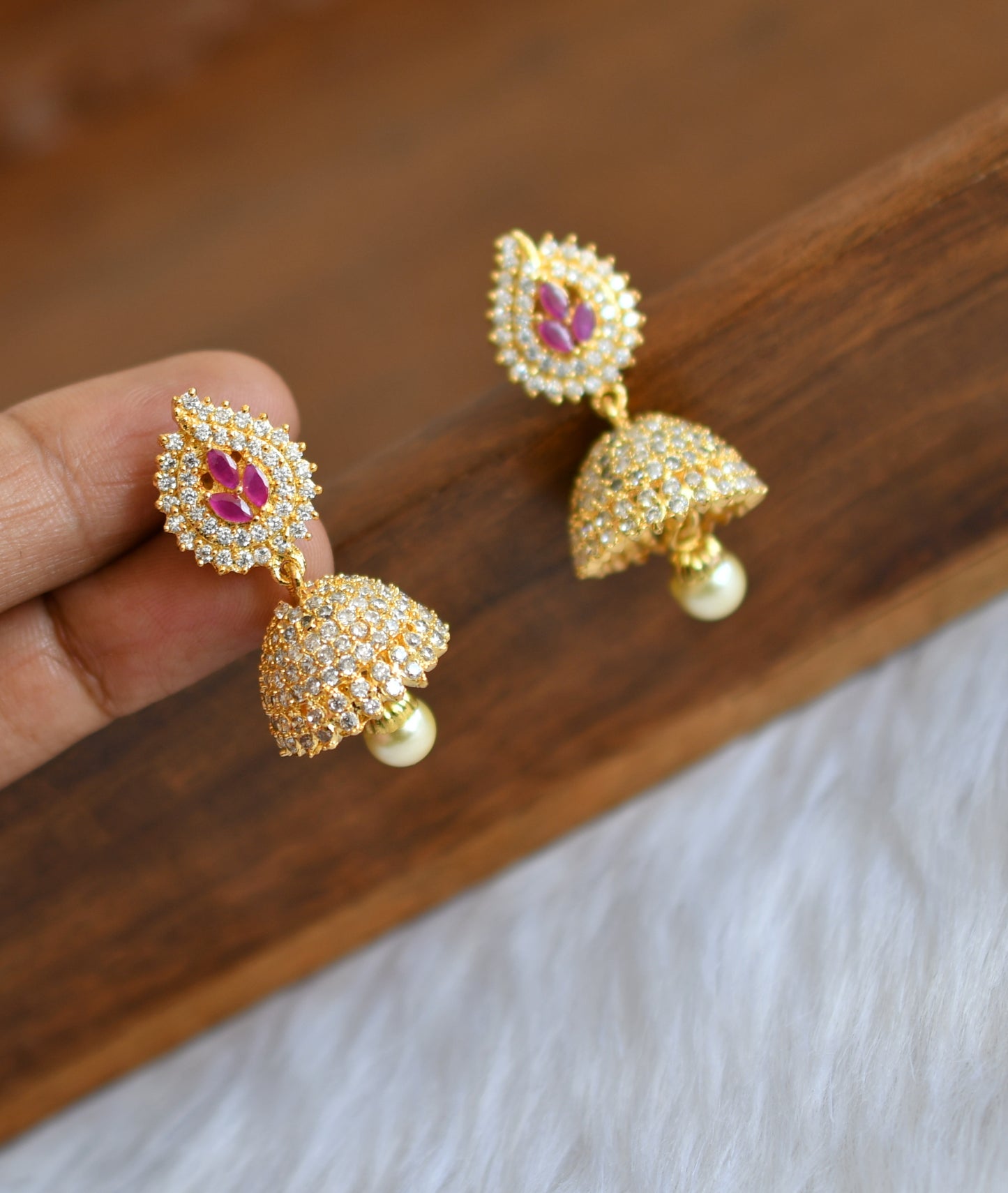 Gold tone cz ruby-white pearl jhumkka dj-20750