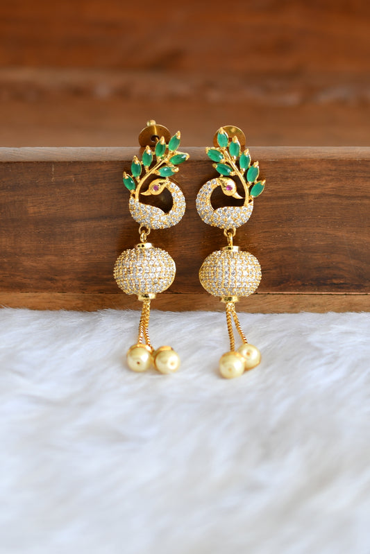 Gold tone cz white-emerald peacock ball earrings dj-20736
