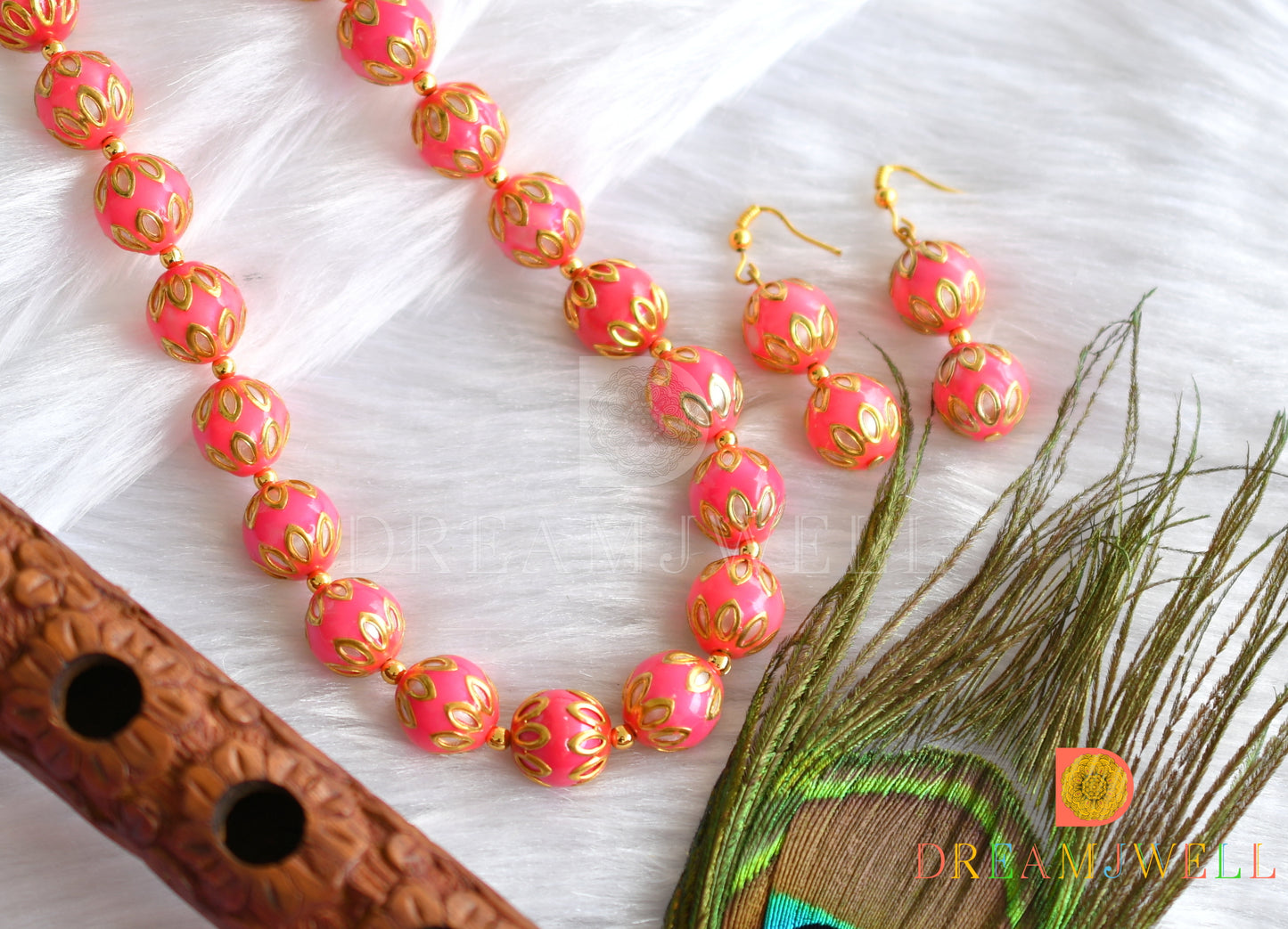 Gold tone pink meenakari Beaded necklace set dj-10192